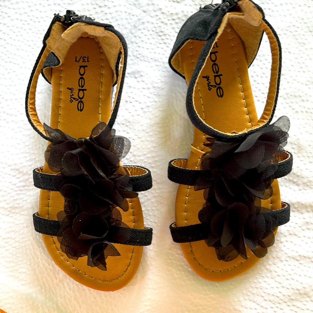 Bebe girls sandals size 13/1 black ruffles, flowers. Like new condition!